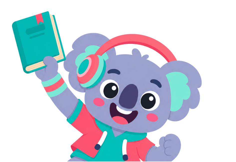Koala character listening to headphones